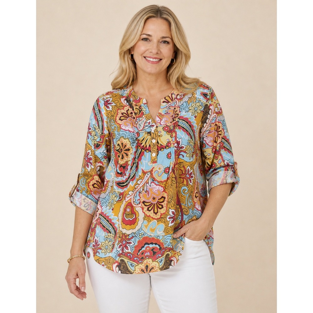 Notations Women Boho Paisley Pintuck Roll Tab Sleeve Blouse 2X Artsy Colorful